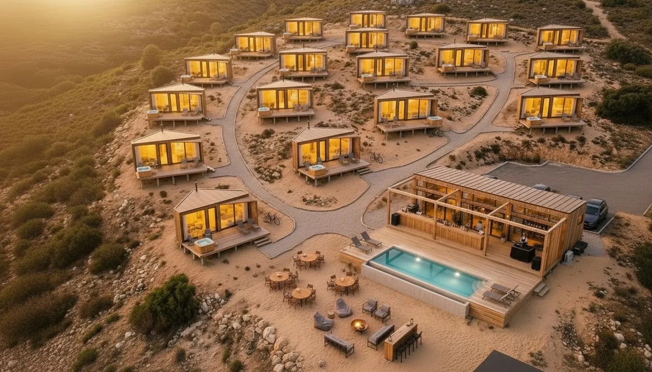 Aerial view of a hillside park of compact cabins arranged around a central lodge and pool at golden hour