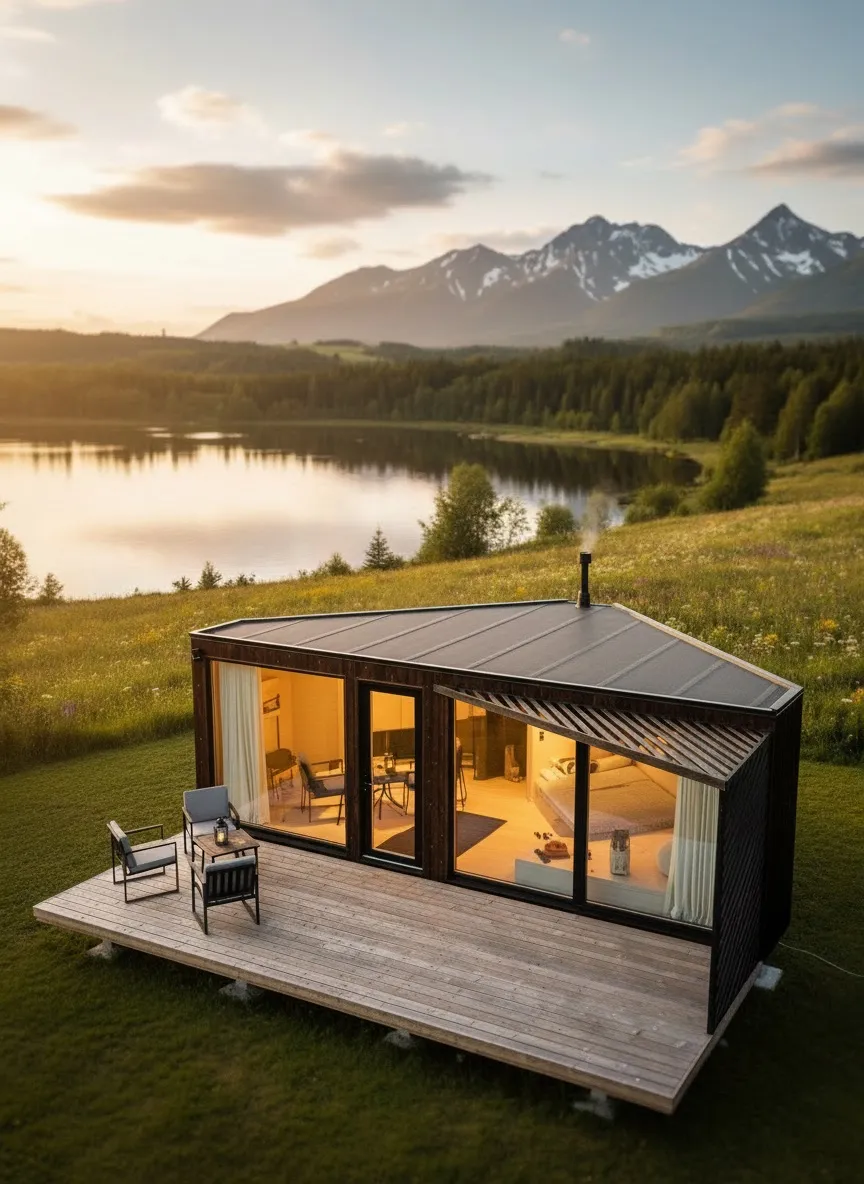 A single Corner House on a timber deck overlooking a lake and mountains at dusk